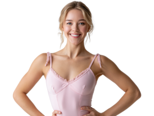 Smiling Ballerina in Pink Dress: A graceful ballerina radiates confidence, her joyous expression mirrored by her poised posture in a stunning pink dress, personifying both elegance and strength.