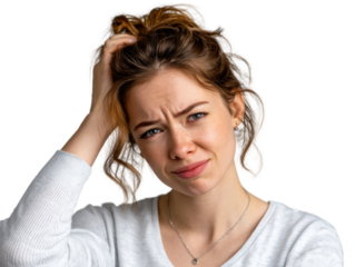Mindful Puzzle: A young woman looks confused with a gesture of a scratching head, capturing the essence of bewilderment, indecision, or perplexity.