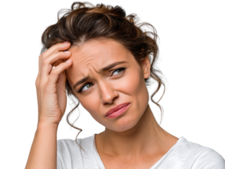 Woman Feeling Confused: A young woman with brown curly hair displays a look of confusion and worry, hand on her forehead, against a plain background.