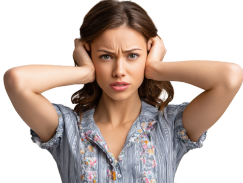 I Refuse to Listen: A young woman covering her ears in a gesture of denial. The image conveys a sense of rejection. A compelling representation of being overwhelmed and the desire for silence.