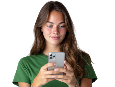 Technology and connection: A young woman's engaging expression while looking at a smartphone, representing the contemporary digital world.