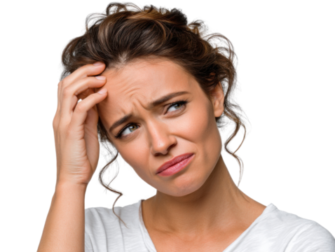 Woman Feeling Confused: A young woman with brown curly hair displays a look of confusion and worry, hand on her forehead, against a plain background.