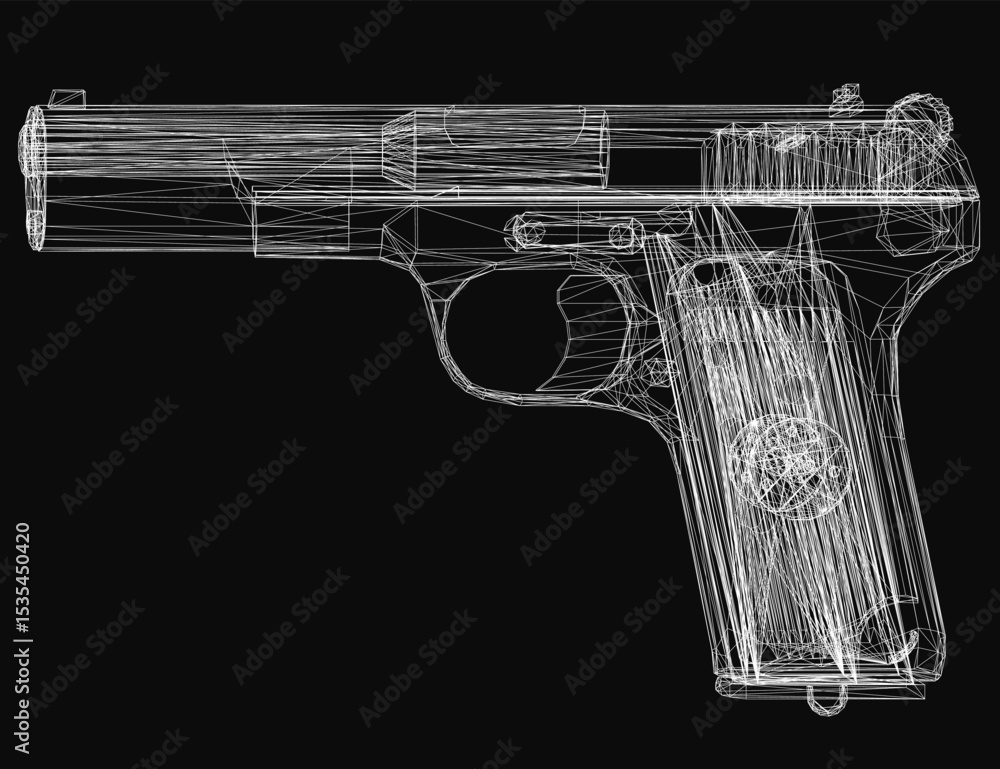 Poster 3d wireframe model of a pistol with intricate blueprint details, showcasing precise curves and mecha