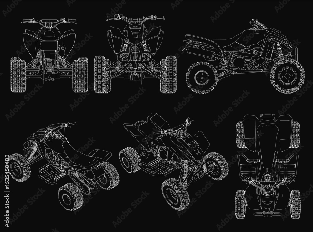 Poster detailed blueprint of four atvs in varying shapes and sizes, each with unique designs. features four