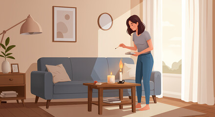 Fototapeta premium Woman Lighting Candles in Cozy Living Room, Creating Warm Ambiance.