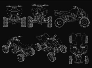 Detailed blueprint of four ATVs in varying shapes and sizes, each with unique designs. Features four wheels, handlebars, and engine components outlined in white against a black background for high. © German Ovchinnikov