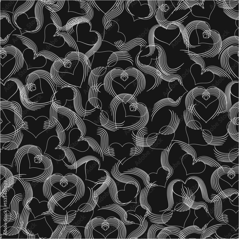 Poster seamless black and white heart pattern on a dark background, arranged in a repeating design for a vi