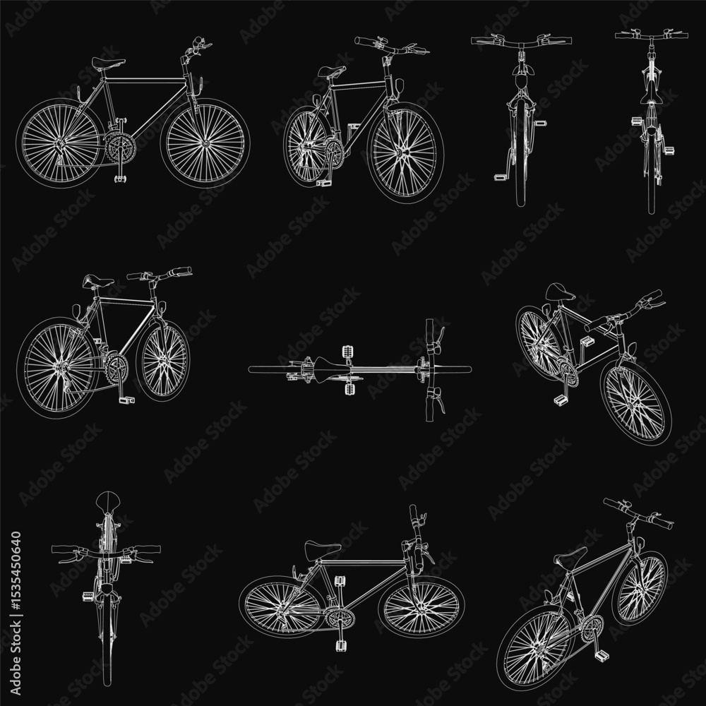 Poster bicycles arranged in a grid on a black background, each with unique designs and vibrant colors. the 