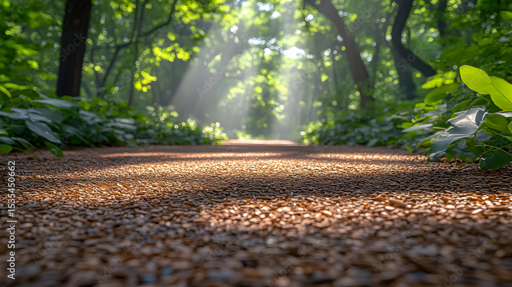 Poster sunbeams illuminate a tranquil forest path, creating a serene and inviting atmosphere perfect for me