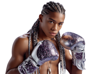 Boxer's Gaze: An athlete with a determined expression dons boxing gloves, capturing the raw power and focus of a fighter.