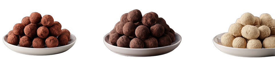 Three plates of round, chocolate-covered truffles