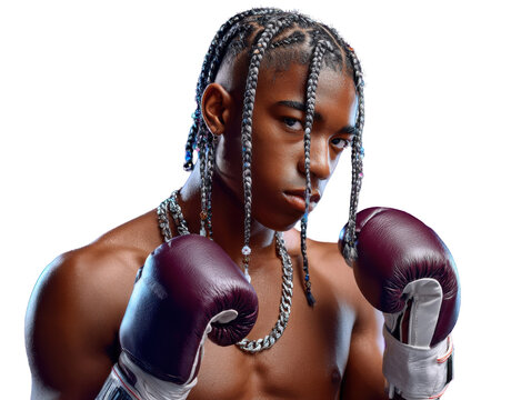 Boxer in a Stance: A determined boxer stands ready, his eyes fixed in concentration, clad in boxing gloves, showcasing physical prowess and dedication.