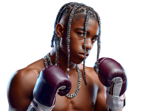 Boxer in a Stance: A determined boxer stands ready, his eyes fixed in concentration, clad in boxing gloves, showcasing physical prowess and dedication.