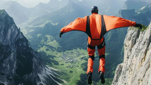 A person performs an exhilarating wingsuit jump from a mountain, soaring over lush valleys and peaks during clear conditions