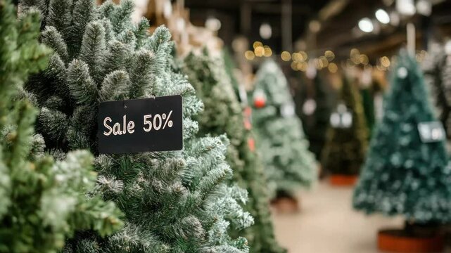 Discounted christmas trees displayed in store with sign showing 50% off flash sale