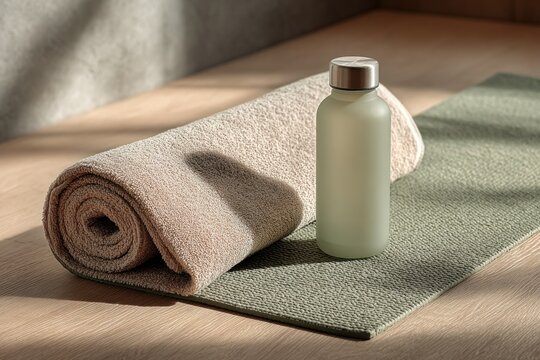 A soft towel and a frosted water bottle rest on a yoga mat, illuminated by warm morning sunlight in a calm indoor setting