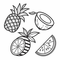 Minimalist black line icons of summer fruits pineapple, coconut, mango, orange, flat vector set, 
