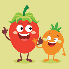 Happy tomato and orange cartoon characters