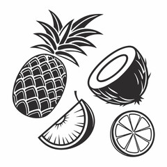 Minimalist black line icons of summer fruits pineapple, coconut, mango, orange, flat vector set, 