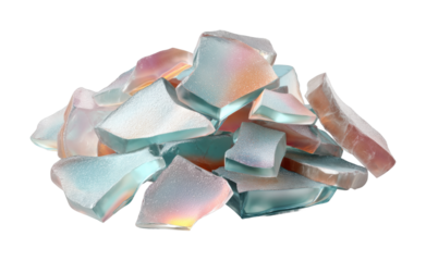 Collection of iridescent glass fragments with textured surfaces