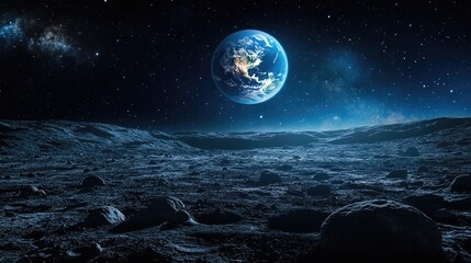 Lunar Landscape with Scattered Craters and Earth in the Sky Above for Space Exploration Themes --