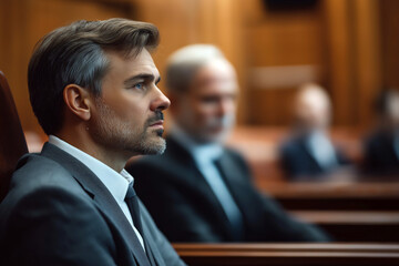 Close-up of nervous defendant sitting next to lawyer, waiting for verdict, blurred courtroom behind.