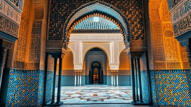 Discover intricate archways and colorful tile work in a Moroccan courtyard at dusk, showcasing traditional craftsmanship and design