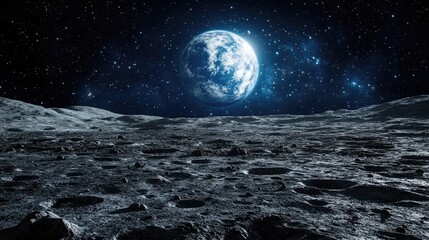 Lunar Landscape with Scattered Craters and Earth in the Sky Above for Space Exploration Themes