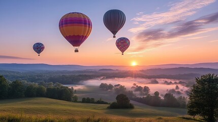 Obraz premium Four colorful hot air balloons float above a misty valley at sunrise. Lush green hills and trees frame the landscape