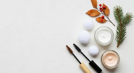 Fototapeta premium Winter Beauty and Skincare Flat Lay with Cosmetics and Autumn Element