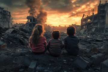 Kids sitting in front of a burned-down city. The city was destroyed in a war, an earthquake, or fire. The political world is fighting against children's innocence.