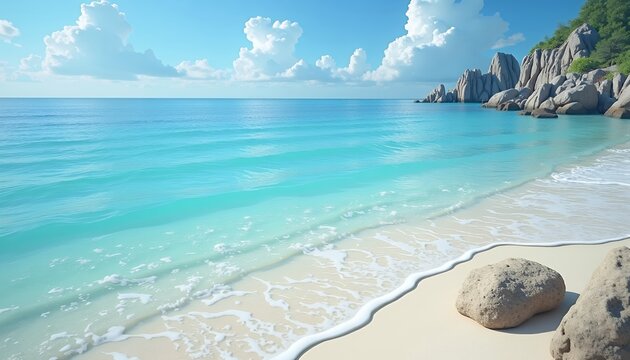 Serene Tropical Beach Scene with Clear Blue Water and Rocky Cliffs