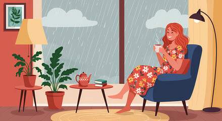 Cozy Woman Enjoying Coffee While Watching Rain Through Window, Relaxing Indoors