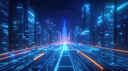Futuristic city skyline with glowing blue and orange lights, showcasing advanced technology and urban development concepts. Digital design of cityscape at night.