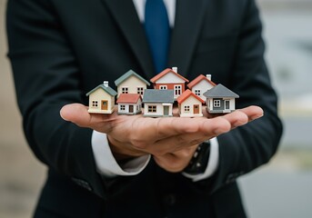A real estate agent's hand displays many houses, symbolizing property management or sales. 