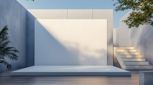Modern minimalist outdoor space with a blank wall, wooden deck, and staircase