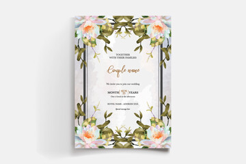 WEDDING INVITATION FRAME WITH FLOWER DECORATIONS AND FRESH LEAVES