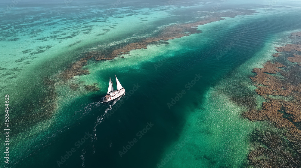 Poster abstract geometric drone view (perpendicular 200ft) of turquoise shallows meeting deep navy currents