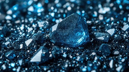 Close-up shot of beautiful, sparkling blue crystals in a dark granular matrix