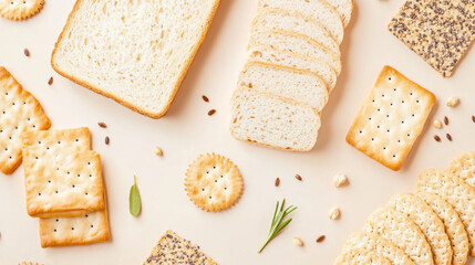 Diet breads assortment with seed loaf on pastel background, copy space