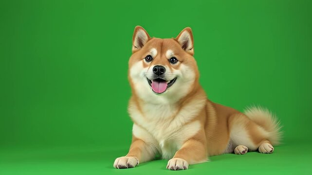 Dog green screen video of a happy Shiba Inu smiling and sitting on a vibrant green background