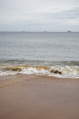 Calm scene. Beautiful blue sea, golden beach and seagull, Baltic coast seascape. Sea waves splashing on the shore. Silhouettes of ships are visible in the distance.