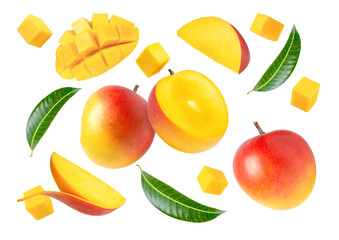 Set of mango and slices isolated on transparent png beckground.