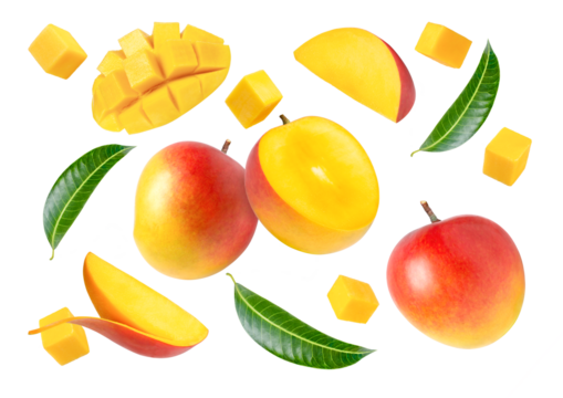 Set of mango and slices isolated on transparent png beckground.