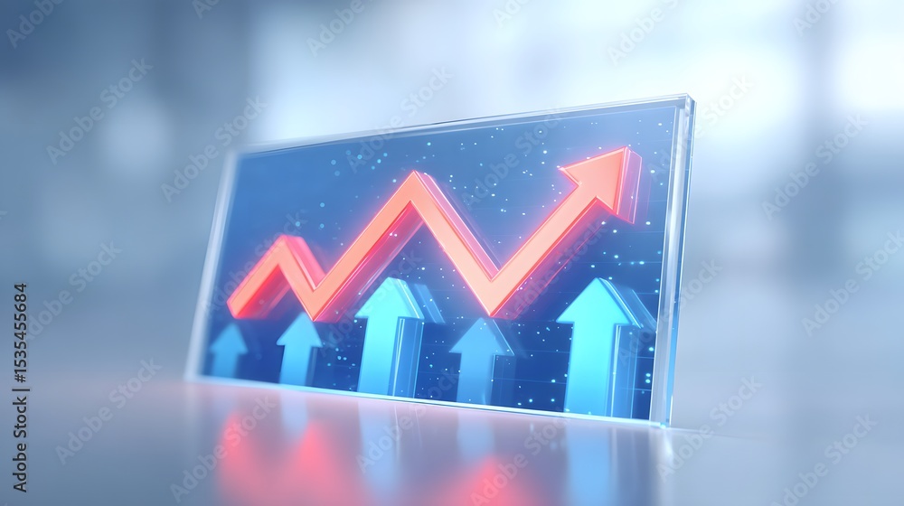 Poster a 3d digital graph on a transparent screen shows rising blue arrows and a red zigzag arrow trending 