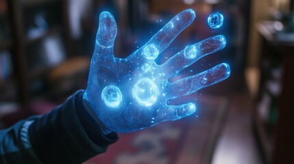 Futuristic holographic hand interacting with digital currency in virtual space