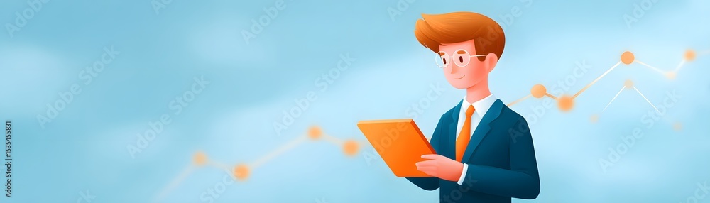 Poster a cartoon businessman in a suit and glasses analyzes data on a tablet with floating graphs in the ba
