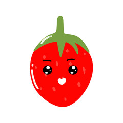 Kawaii strawberry cartoon character. Kawaii cartoon berries set. Funny fruit characters with smiling faces, hearts and sparkles. Cute and simple doodle style drawing, isolated vector clip art illustra