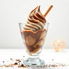Icy ice cream with fruit in glass with pipe 