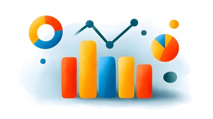 Obraz premium Colorful 3D bar chart with pie charts and a line graph, representing data visualization and analytics in a modern, abstract style.
